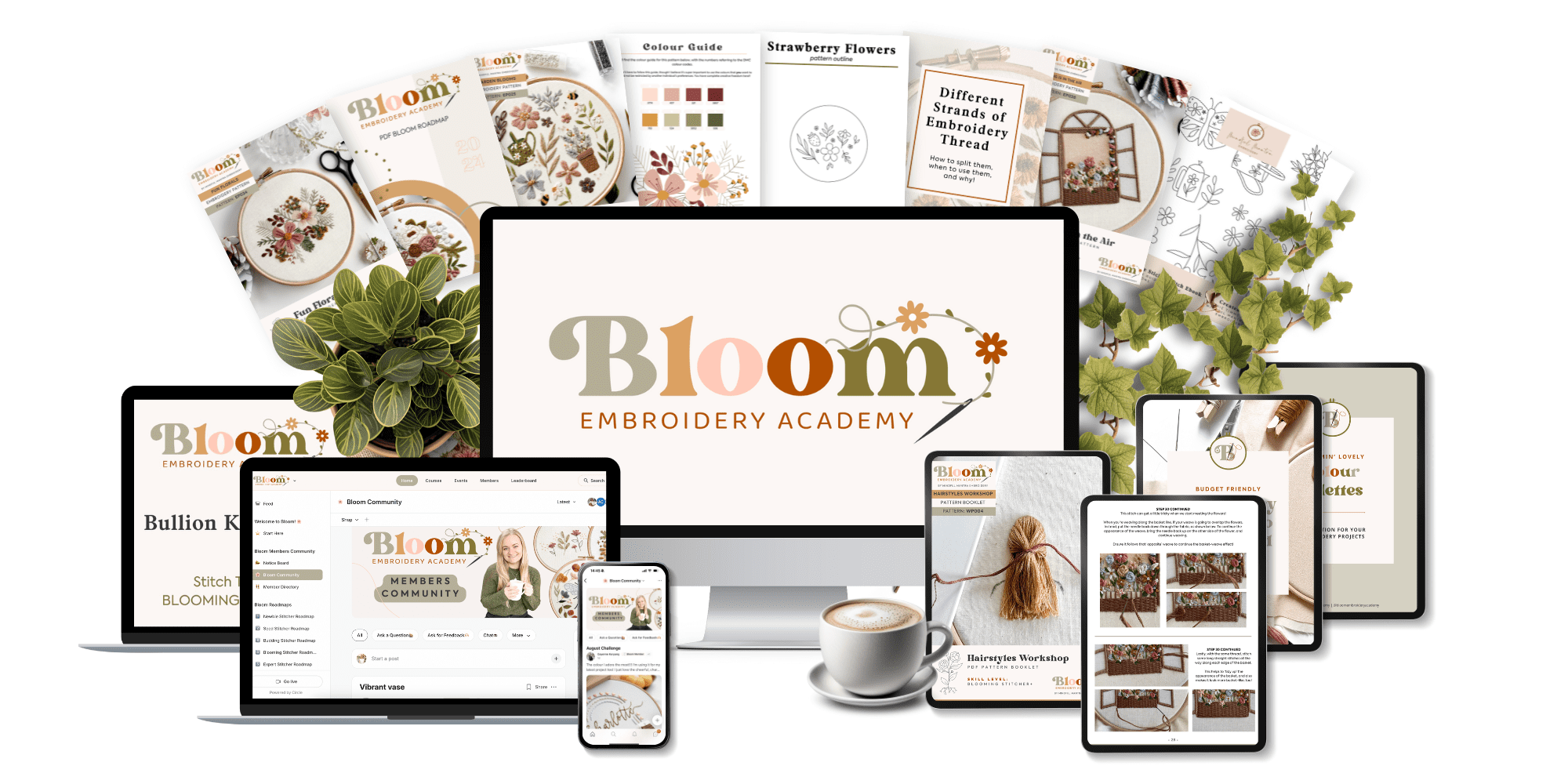 A visual mock-up image of a variety of things available inside the embroidery membership, Bloom Embroidery Academy. From embroidery patterns to video tutorials and a supportive community.