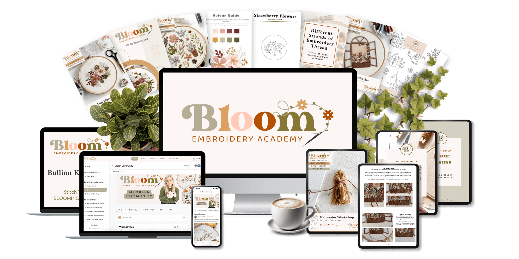 A visual mock-up image of a variety of things available inside the embroidery membership, Bloom Embroidery Academy. From embroidery patterns to video tutorials and a supportive community.