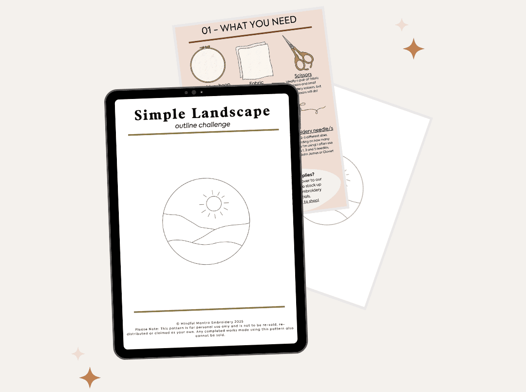 A visual graphic that shows an iPad screen with a black and white embroidery pattern outline on it. This is one of the 'Outline Challenges' that can be found inside the embroidery membership, Bloom Embroidery Academy.