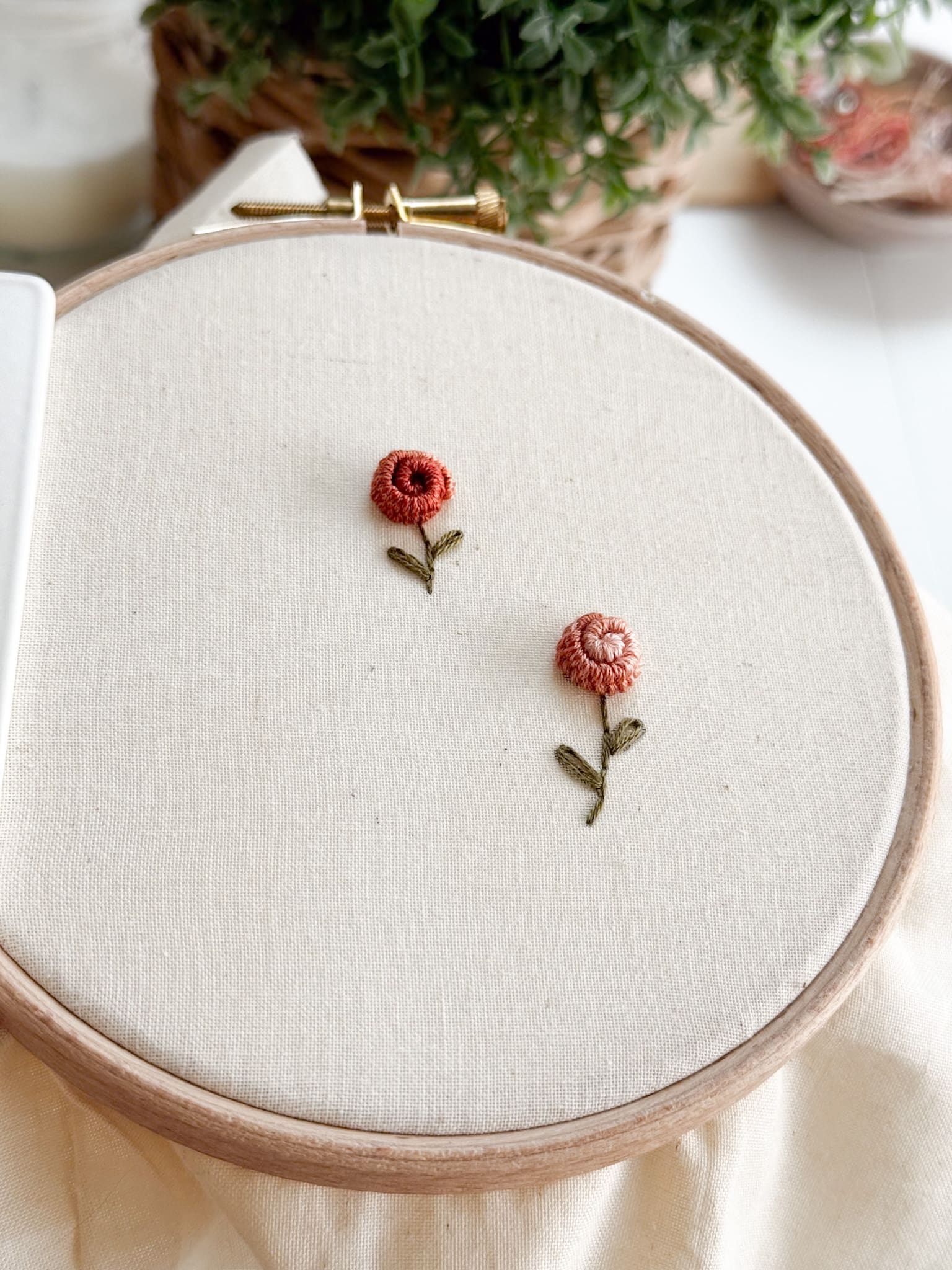 An example of the Rolled Picot Stitch being used to stitch embroidered flowers - a stitch tutorial included in embroidery membership, Bloom Embroidery Academy.